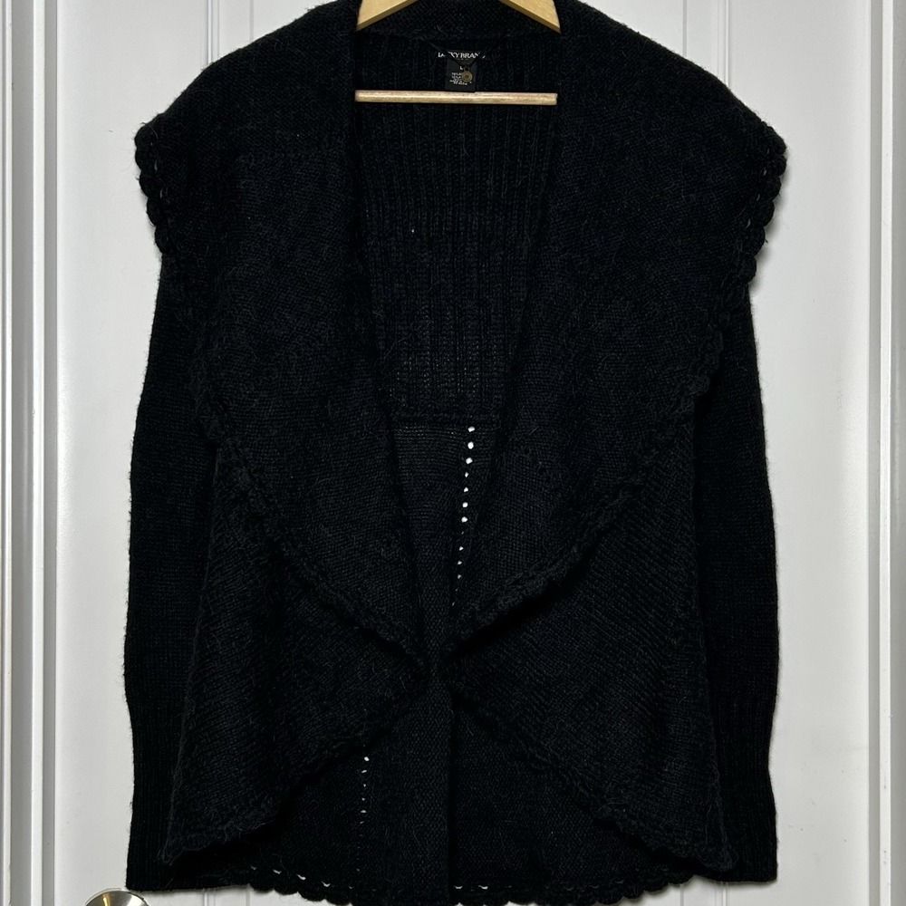 Lucky Brand Alpaca Wool Blend Black Chunky Fuzzy Draped Open Front Cardigan